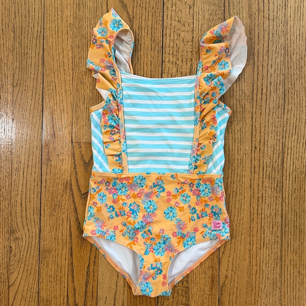 Ruffle Butts Floral Stripe Ruffle Kids Swimsuit size 6 years